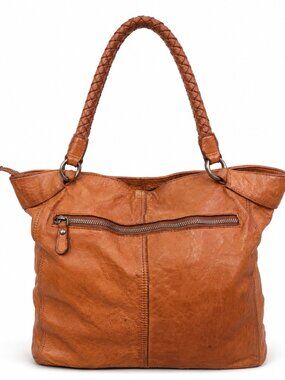 Spikes & Sparrow Cognac Leather Whipstitch Tote Shoulder Bag